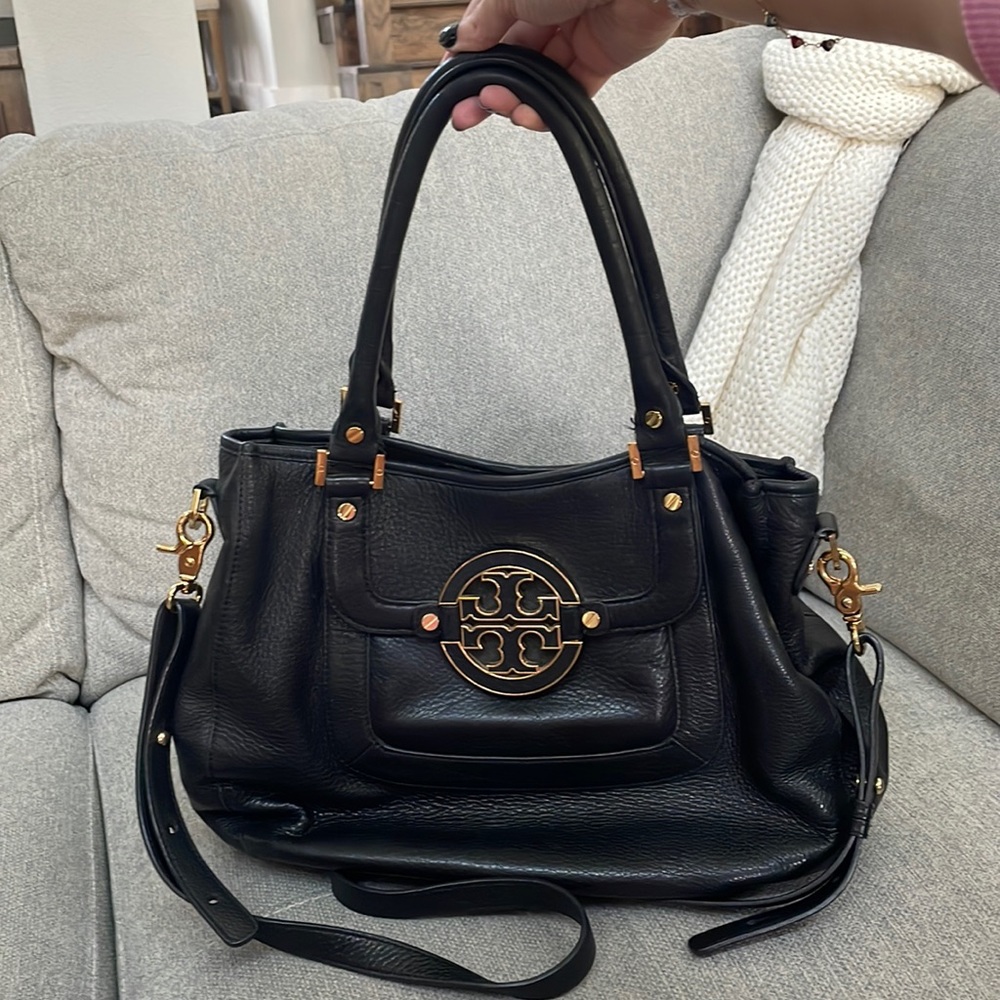 TORY BURCH Vintage Black Logo Leather Shoulder Bag with Crossbody Strap